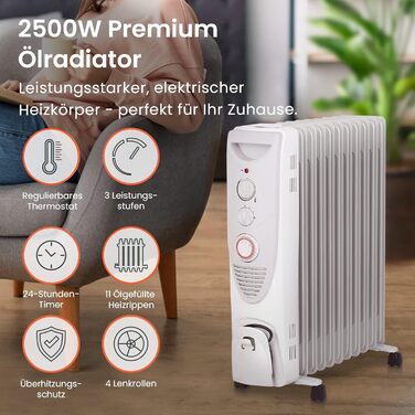 Електричний масляний радіатор Pro Breeze 2500W з термостатом та таймером - білий