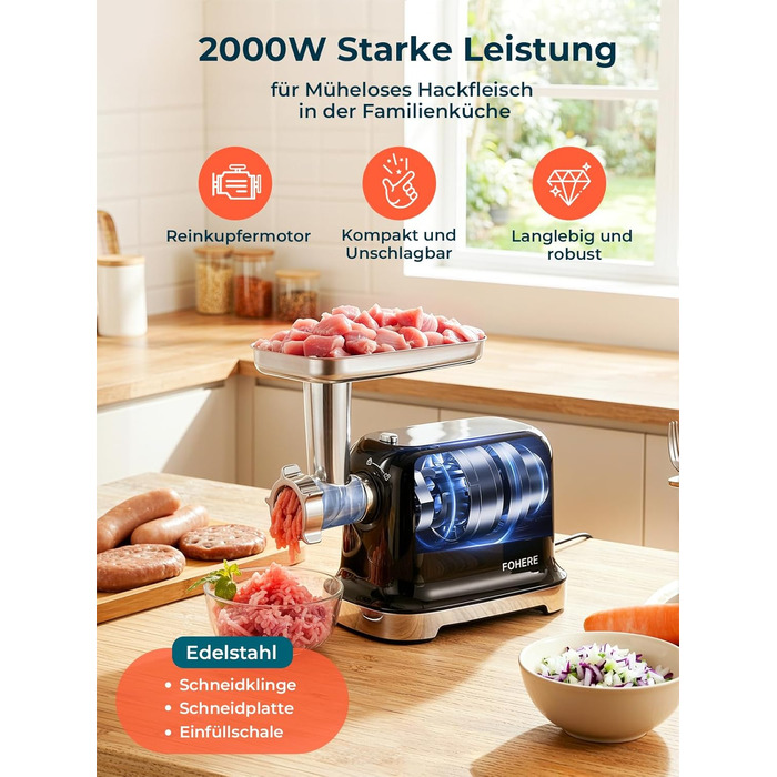 М'ясорубка електрична Fohere 2000 Вт з насадками для ковбас та кубів, 3 диски (7/5/3 мм), чорна