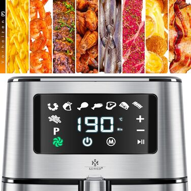 KESSER® XXL 5.5 Liter Hot Air Fryer Stainless Steel | Includes Baking Basket | 1700W Fryer Air Fryer | Touch Display | 8 Programs | Oil-Free | Oven | Hot Air | Grill | Fat-Free Silver