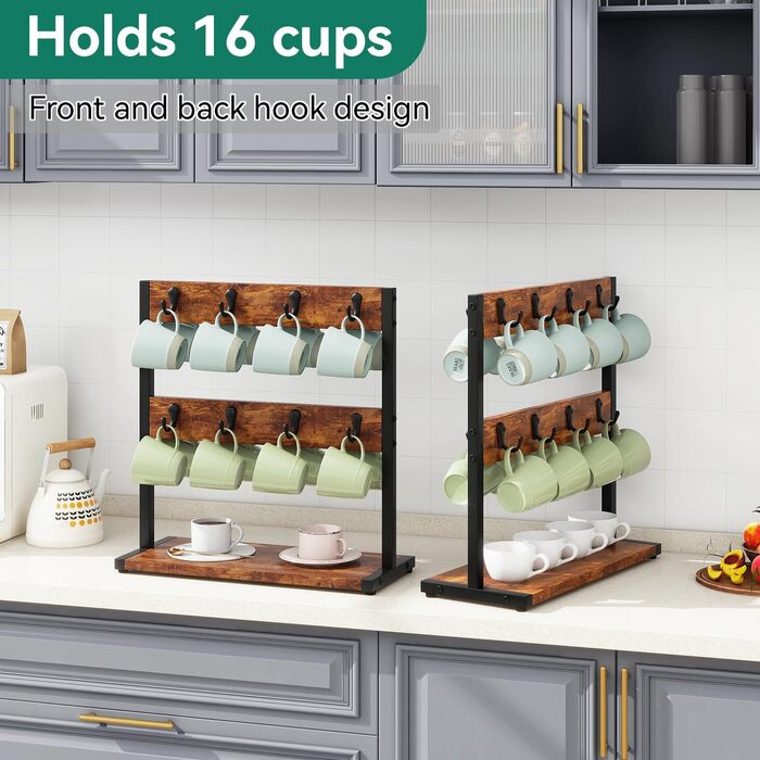 Vintage Mug Holder with 8 Hooks, Coffee Cup Holder for Countertop, Cup Stand with Storage Bottom, for Kitchen Dining Room Cafe 40 x 15 x 40 cm, TBJ002H (without shelf, Vintage Brown)