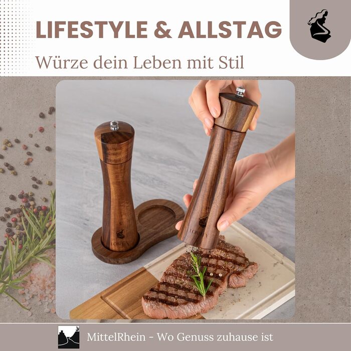 Дерев'яна мельниця для солі та перцю LORELEY® Mittelrhein Germany з керамічним жорном – з підставкою та пензлем – подарункова упаковка. Ідеальний подарунок на весілля або новосілля (Luxury Holz)