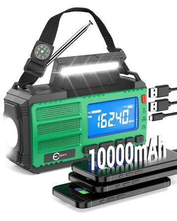 Радіо Kurbelradio з сонячною панеллю Esky, 10000mAh, AM/FM, SOS-сигнал, компас, LED-ліхтарик, живлення для смартфона, для надзвичайних ситуацій та кемпінгу, зелене