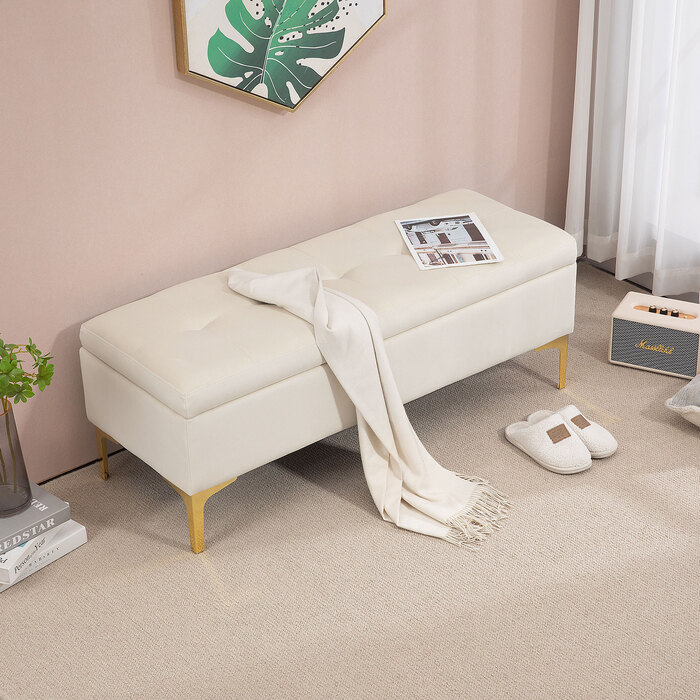 HOMCOM Storage Bench Upholstered Bench Velvet Look Metal Legs Bed Bench for Living Room Bedroom Hallway 120 x 44 x 44.5 cm Beige