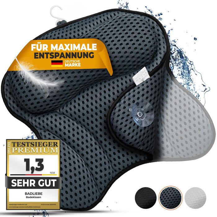 Подушка для ванни з 6 міцними присосками - Ergonomic Comfort, сіра. Зручна подушка для шиї та спини, з сумкою для перенесення. Висока якість.