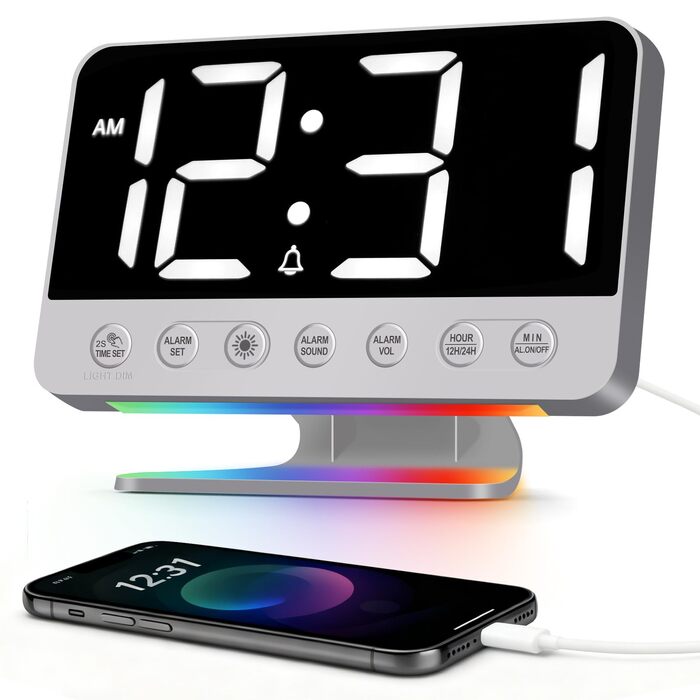 Цифровий будильник з LED-дисплеєм та RGB-підсвіткою, потужний сигнал 30-110дБ для міцного сну, USB-порт, функція Snooze, сріблястий