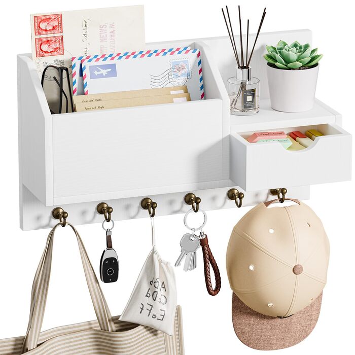 Настінна органайзер для ключів з 6 гачками та шухлядою, дерев'яний, для дому, офісу (білий)