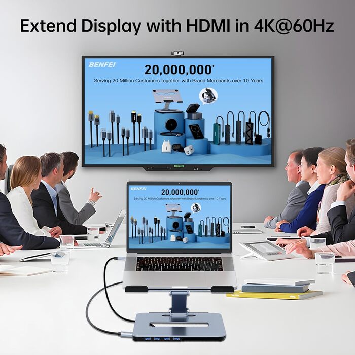 Алюмінієва підставка для ноутбука BENFEI з USB-C 6-в-1 док-станцією, HDMI 4K 60Гц, 4xUSB 3.0, Power Delivery 100Вт, сумісна з MacBook Pro/Air, iPad Pro, XPS, ThinkPad