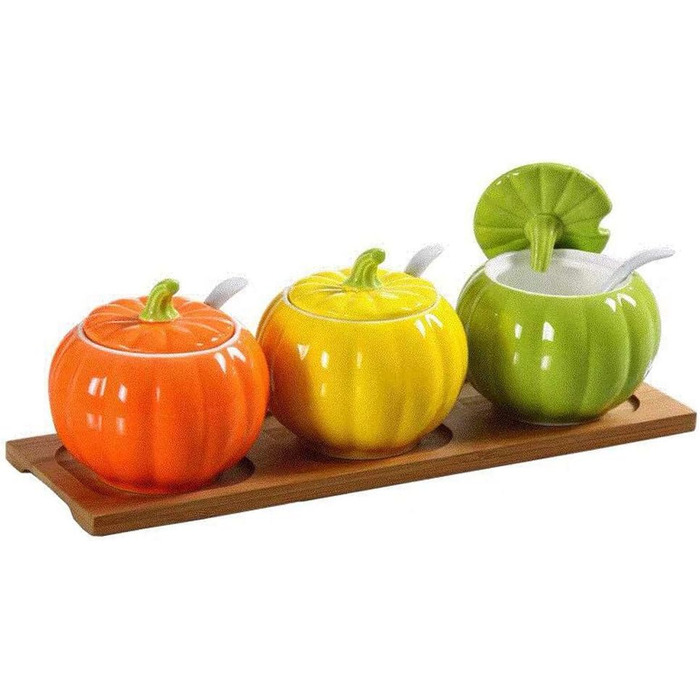 YBK Tech Cute Pumpkin Candy Jar Ceramic Sugar Bowl for Coffee Tasting (3 Pieces + Wooden Holder)
