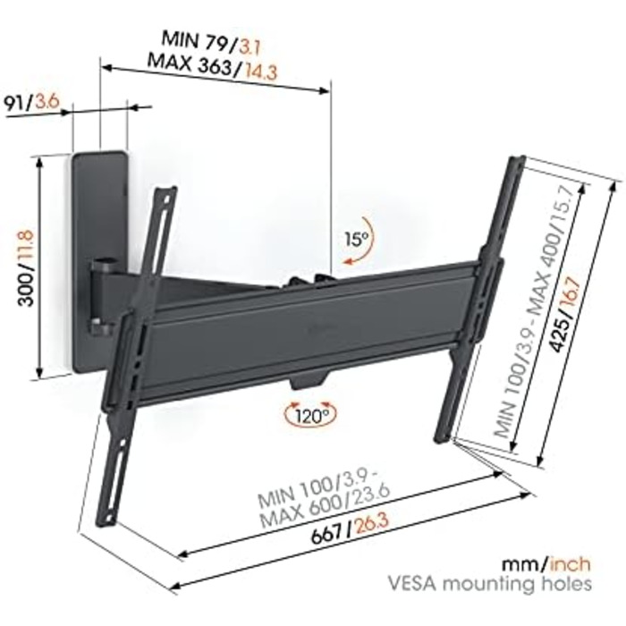 Настінна кріплення для телевізора Vogel's Quick TVM 1225, 19-43 дюйми, до 15 кг, поворотне до 120°, VESA 200x200, full-motion