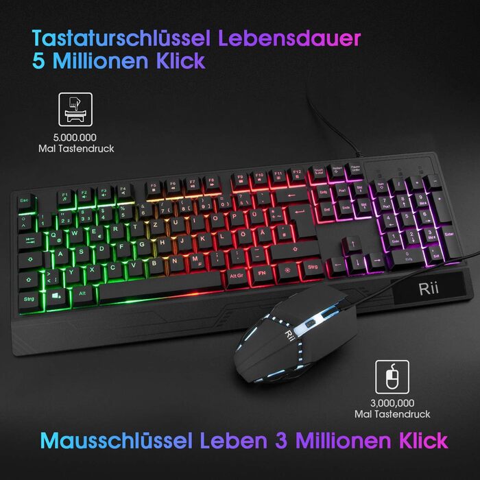 Rii Комплект ігрової клавіатури та миші, RGB підсвічування, QWERTZ (DE-розкладка), водонепроникна клавіатура та миша USB з 3200 DPI для професійних геймерів