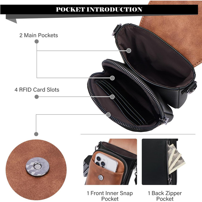 Сумка-органайзер на шию MUIIKOLA для телефону з RFID-захистом, велика місткість, екошкіра, гаманець, широка лямка, чорно-коричнево-біла