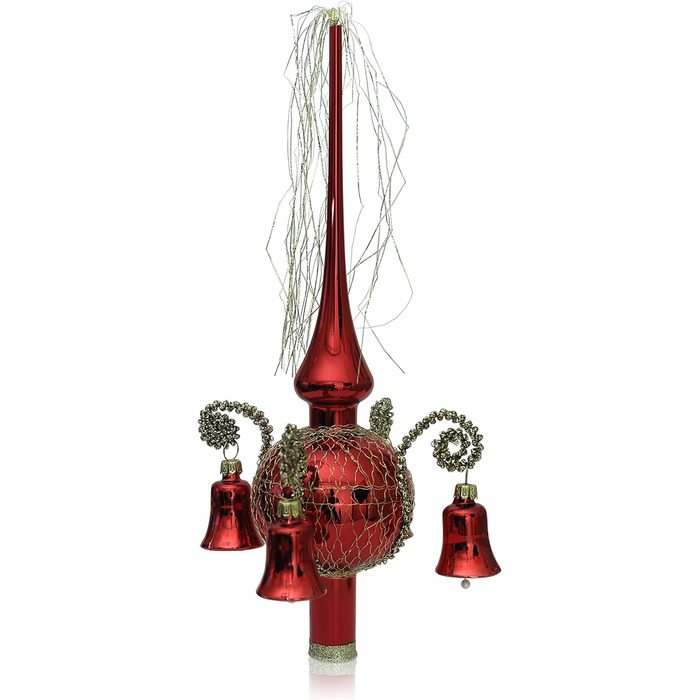 Lauscha blown glass Christmas tree topper with bell, red shimmer, wrapped, approx. 28cm height, (ball) 7cm diameter, hand-decorated Christmas tree topper, mouth-blown, hand-decorated, Leonian wire.