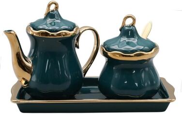 MAGICVOGEL Ceramic Milk Pitcher and Sugar Bowl Set, Sugar Container, Milk Jug with Tray, Spice Jar with Lid and Spoon, Creamer, Coffee Service Set for Home, Cafe, Bar (Green)
