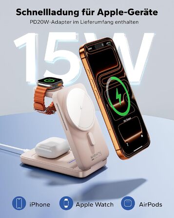 Бездротова зарядна станція KPON MagSafe 3-в-1 для iPhone 17-12, Apple Watch 11-2 та AirPods, складана швидка зарядка з адаптером 20W, Рожева