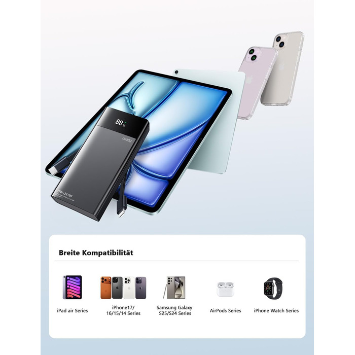 Power Bank Maidy 20000mAh з USB-C кабелем, 27W швидка зарядка, сумісний з iPhone, Galaxy, Xiaomi, iPad, Switch