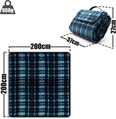 Плед для пікніка BigDean 200x200 см водонепроникний, клітинка, темно-синій – великий плед для пляжу, саду, парку