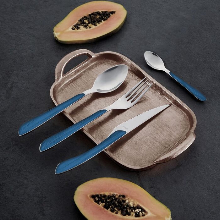Amefa ECLAT Cutlery Set NATURE Blue Wood-Look Dining Cutlery 24-Piece for 6 People Stainless Steel, Rust-Proof, Plastic Grip Shells with Wood-Look, Dishwasher-Safe Cutlery Set for 6 People