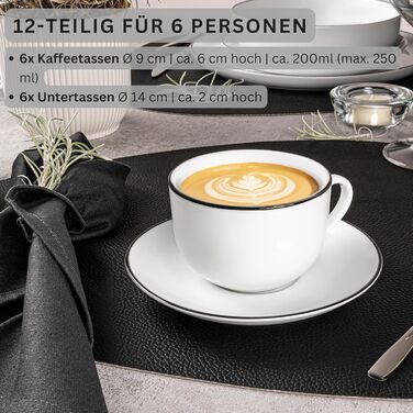 Sänger | 12-Piece Marlo Black Rim Tea/Coffee Set with Saucers, Coffee Cups for 6 People, Porcelain Coffee Set, Coffee Cup with Saucer, White with Black Accents, 200 ml | PREMIUM COLLECTION