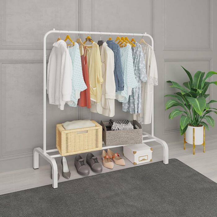 JIUYOTREE Clothes Rack, Coat Rack, Metal Clothes Rod, Durable Clothes Rod with Bottom Frame for Coats, Skirts, Shirts, Sweaters, White