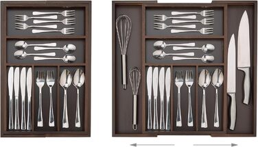 Relaxdays Cutlery Drawer Organizer, Pull-Out, Variable Width, 5-7 Compartments, Bamboo Organizer, HBT: 5x48x46cm, dark brown