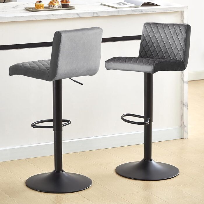 JYMTOM Set of 4 Adjustable Bar Stools with Swivel Seat - Velvet Upholstered Counter Stools for Bar, Kitchen, Bistro, Cafe & Dining Room (Gray)