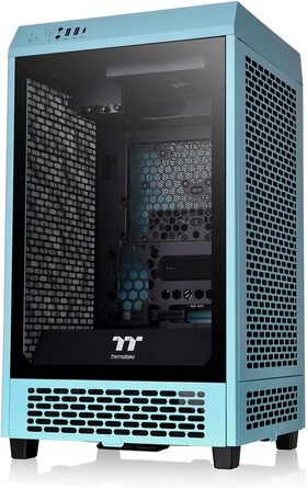 Корпус Thermaltake The Tower 200 Turquoise Mini-ITX з вертикальним розташуванням, загартоване скло, 2x CT140 вентилятори, підтримка AIO 280мм, GPU до 380мм
