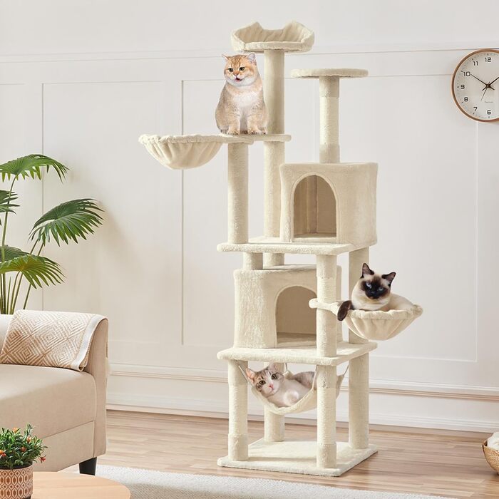 Кігтеточка Yaheetech XXL для котів, 175 см, для 3-4 котів, з платформами, гамаком, м'ячиком, бежева
