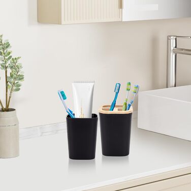 Bathroom Accessories Set - 6Pcs Bathroom Accessories Set made of Bamboo, Lotion Bottles, Toothbrush Holder, Tooth Cup, Soap Dish, Toilet Brush, Waste Bin