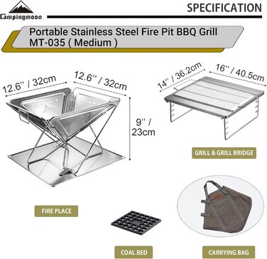 CAMPINGMOON 3-in-1 Portable Stainless Steel Wood Grill and Fire Pit, 35.6 x 39 cm, with Carrying Bag MT-035