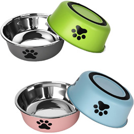 Набір з 4 мисок для собак з нержавіючої сталі з неслизьким силіконовим дном, 900 мл, для корму та води (зелений, сірий, блакитний, рожевий)