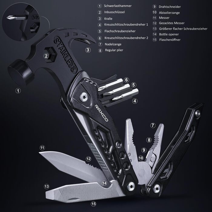 Багатофункціональний інструмент RAXCO 15-в-1: молоток, плоскогубці, мультитул для кемпінгу та подарунок для чоловіків, батька, друзів