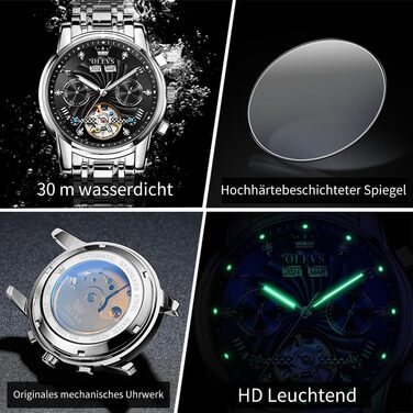 Чоловічий механічний годинник OLEVS з автопідзаводом, турбійоном та календарем, водонепроникний, сріблясто-чорний (7088)