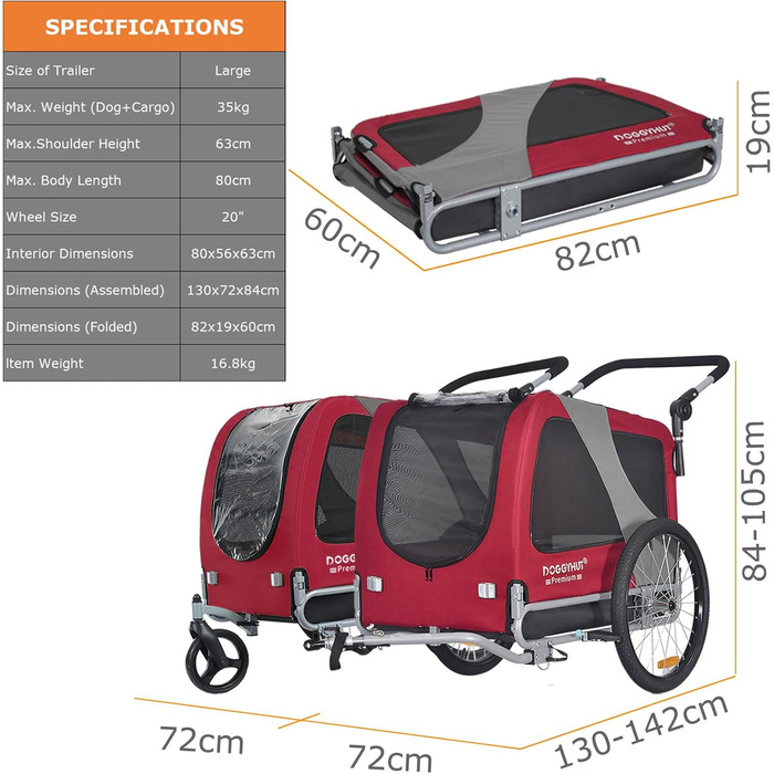 DOGGYHUT® Преміум великий велосипедний причіп для собак 2 в 1 / візок-бігунок для собак / великий причіп для собак, 270 л, до 35 кг (червоний / чорний)