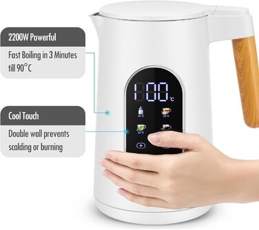 Електричний чайник ForMe з нержавіючої сталі 1.7L з регулюванням температури 40-100°C, LED дисплеєм, функцією підтримання тепла, BPA Free, білий