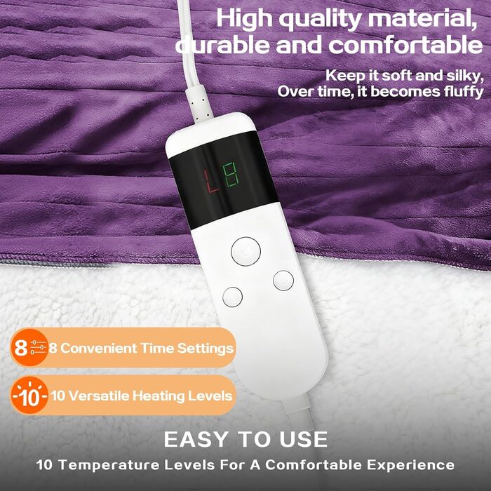 Електрична ковдра з підігрівом 130x180 см з автоматичним вимкненням, 10 рівнів нагріву, таймер 8 годин, захист від перегріву, пральна машина, фланелева ковдра з підігрівом для ліжка, дивана та офісу, фіолетовий колір 130 x 180 см