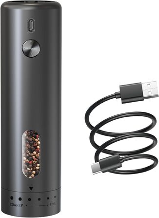 Electric rechargeable salt and pepper grinder, automatic electric pepper grinder with large 110ml capacity, externally adjustable coarseness, LED light, and one-handed operation, black