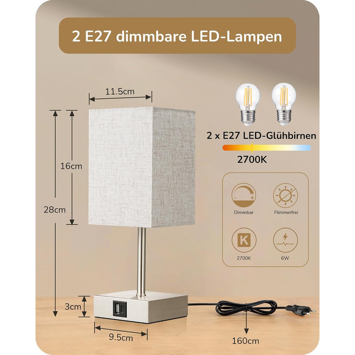 Світлодіодні настільні лампи EDISHINE 2 шт., сенсорне регулювання яскравості, USB зарядка, бежево-сріблясті. Для спальні, вітальні, подарунок