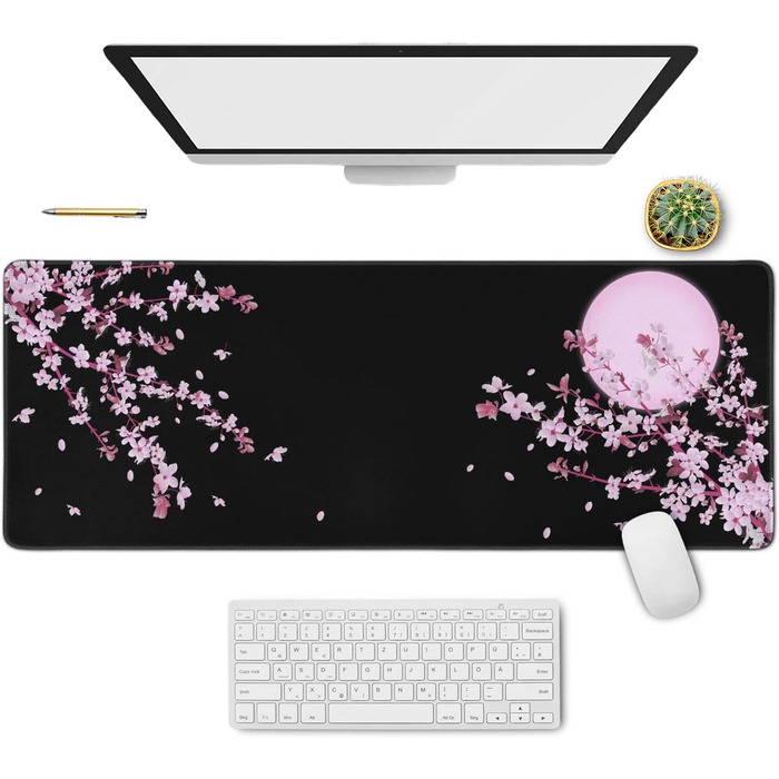 Мат для миші Sakura з квітами вишні, чорний XL, великий, 80 x 30 см, аксесуар для столу