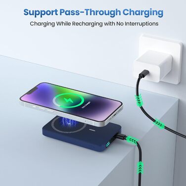 Power Bank HETP Магнітний 10800mAh з PD 20W, бездротова зарядка, USB-C, LED-дисплей, сумісний з MagSafe, iPhone 16/15/14/13/12 (Блакитний)