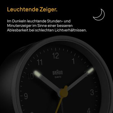 Classic Braun analog alarm clock with snooze function and light, quiet quartz movement, crescendo alarm in black and silver, model BC12SB