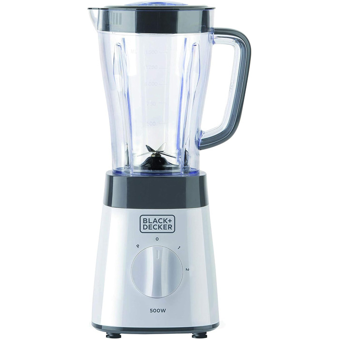 Блендер стаціонарний BLACK+DECKER, 500 Вт, 2 швидкості, пульс, скляна чаша 1,5 л, 4-лезове сталеве лезо, легке очищення, білий/сірий