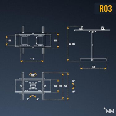 Настінне кріплення для телевізора RICOO R03 універсальне 40-75 дюймів, поворотне, до 95 кг, VESA 400x400 мм