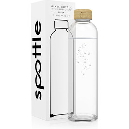 spottle Glass Water Bottle 1L - Glass Bottle in 500ml - 750ml or 1 Liter - Glass Water Bottle suitable for carbonated drinks – Dishwasher-safe & leak-proof glass drinking bottle (1000 ml, Transparent / Bamboo lid)