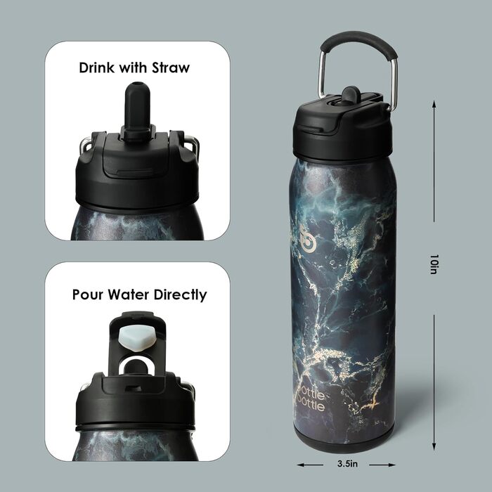 BOTTLE BOTTLE Stainless Steel Water Bottle 24oz (709ml) with Straw Handle and Pill Compartment for Outdoor School, Insulated Sports Bottle (Meteorite)