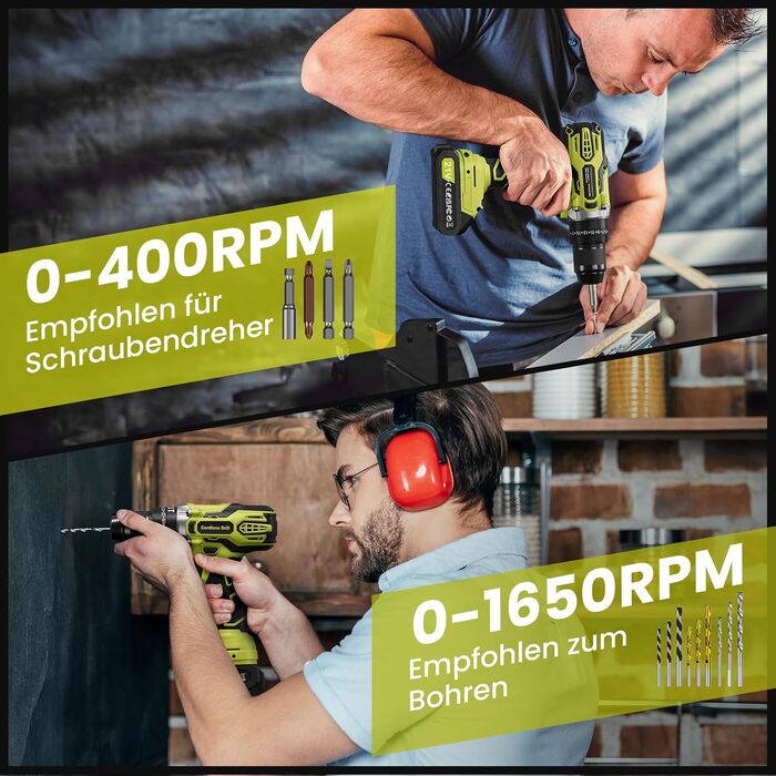 Акумуляторний дриль-шуруповерт 21V з 2 акумуляторами 2000mAh, 45Nm, 2 швидкості, 25+3 ступені крутного моменту, патрон 10мм, 27 предметний набір та кейс для дому та DIY