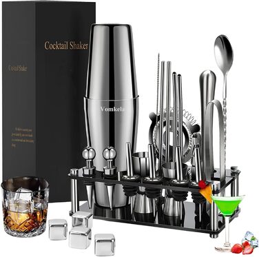 Cocktail Shaker Set, Boston Cocktail Shaker with Stand, 25pcs Bar Accessories Cocktail Mixer Supplies, 750ml Stainless Steel Cocktail Shaker Gifts, Cocktail Decor Bar Counter Pourer Spirits
