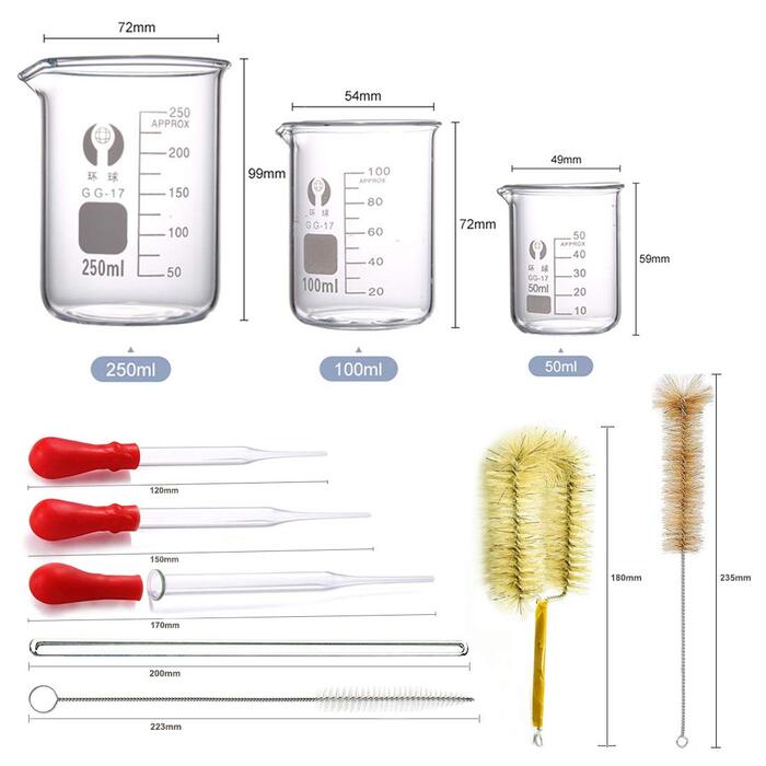 Borosilicate Glass Beaker Set, JESSTOLO 3-Piece Thick Glass Graduated Beakers with Clear Spout 50ml 100ml 250ml, 3 Glass Pipettes, 3 Washing Brushes, and 2 Glass Rods, for Laboratory Research Medicine