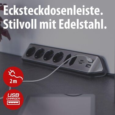 Смуга розеток Brennenstuhl Estilo Ecksteckdosenleiste 6-Fach: 4 розетки з заземленням, 2 Euro-розетки, 2 USB-порти (A), срібно-білий колір