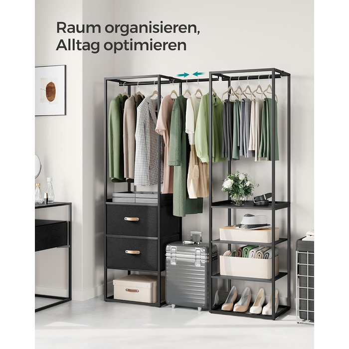 SONGMICS Clothes Rack, Open Wardrobe, High-Load Capacity Coat Rack, 1 Extendable Rod, 2 Drawers, 4 Shelves, for Bedroom, Space-Saving, RGR003W67 (Ebony Black)
