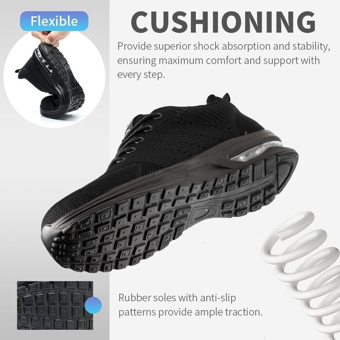 Захисні черевики Nasogetch для жінок та чоловіків з металевим капами, робочі черевики, спортивні, дихаючі, чорні, 36 EU